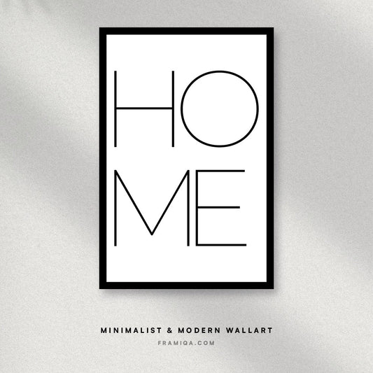 Framed minimalist poster with 'HOME' text on a gray background