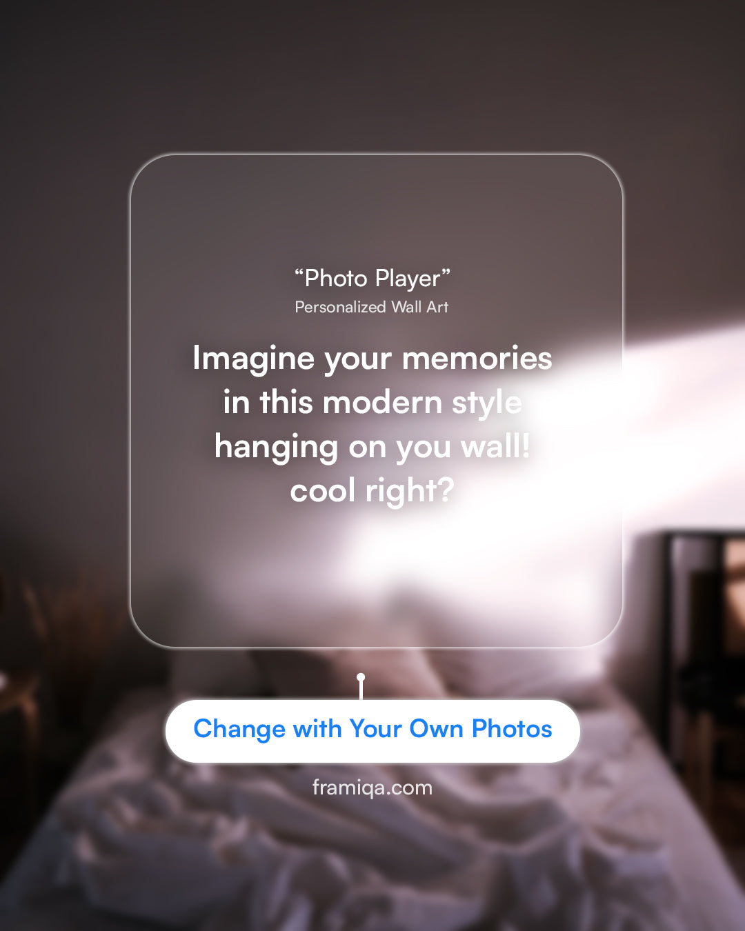 change to yours 'Photo Player' personalized wall art with text overlay on a blurred bedroom background.