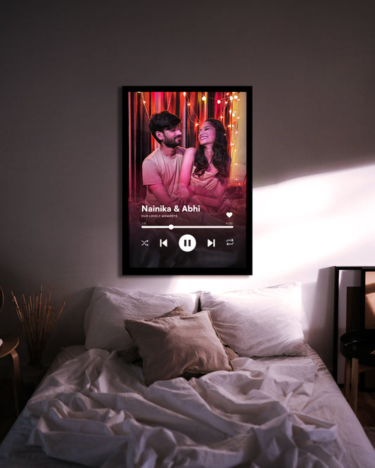Photo Player – Personalized Music Player Style Wall Art Framed picture of a couple on a wall