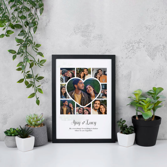 Valentine's & Anniversary Gift idea, Framed photo collage of a couple with a heart design, placed on a white surface with plants around.