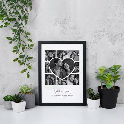 Valentine's & Anniversary Gift idea, black & white Framed photo collage of a couple with a heart design, placed on a white surface with plants around. Ajay & Lucy