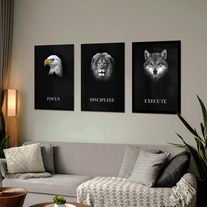 Focus Discipline Execute motivational 3-panel wall art set featuring Eagle, Lion and Wolf framed prints