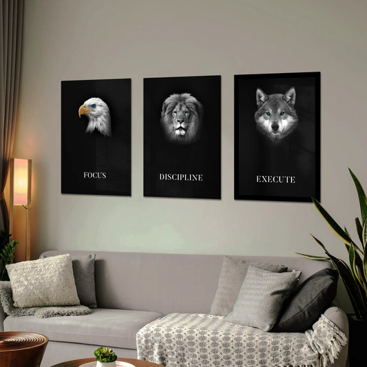 Focus Discipline Execute motivational 3-panel wall art set featuring Eagle, Lion and Wolf framed prints