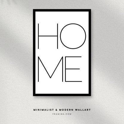 Framed minimalist poster with 'HOME' text on a gray background