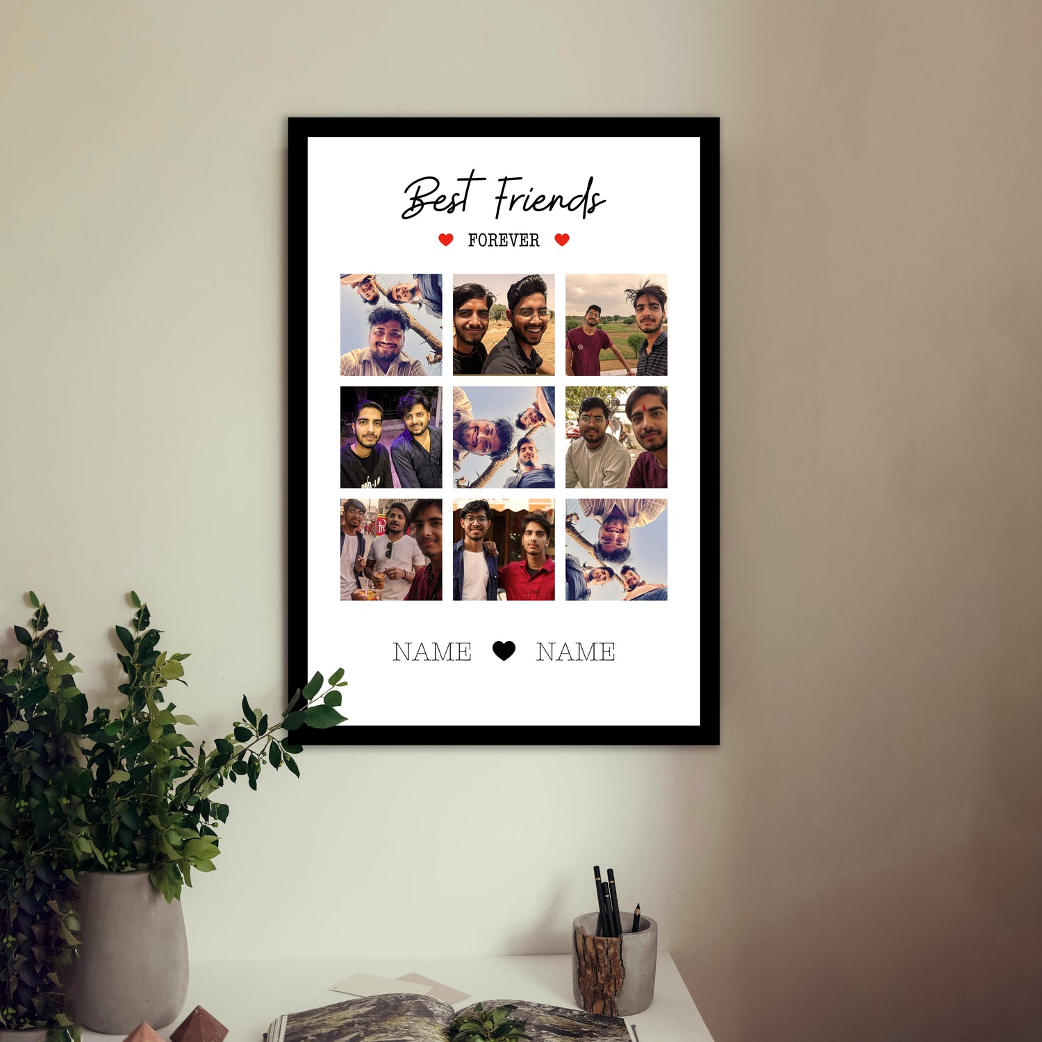 Framed collage of photos with 'Best Friends Forever' text on a wall. Framiqa Personalized gift for best friend birthday, wedding, anniversary, friendship day