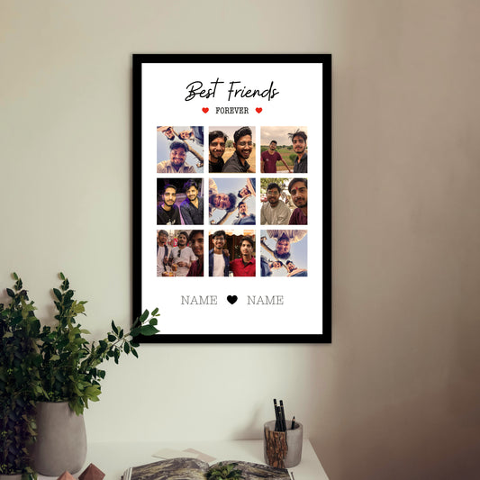 Framed collage of photos with 'Best Friends Forever' text on a wall. Framiqa Personalized gift for best friend birthday, wedding, anniversary, friendship day