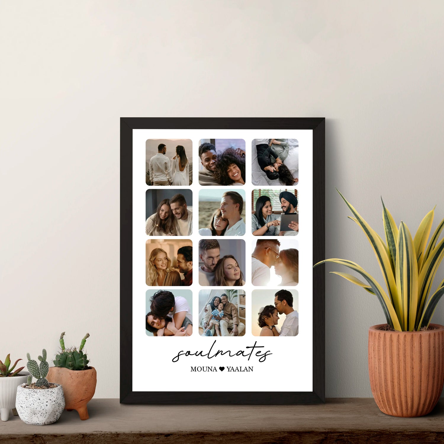 unique Valentine's Day gift for him/her Framed collage of a couple with 'soulmates' text on a white background, placed on a wooden shelf with plants.