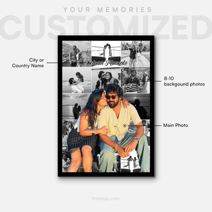 Personalized Travel Memory Collage Frame - Custom Photo Gift,  A framed custom photo collage print mockup on a light gray background, with callout labels pointing to a main photo, background photos, and city/country name text